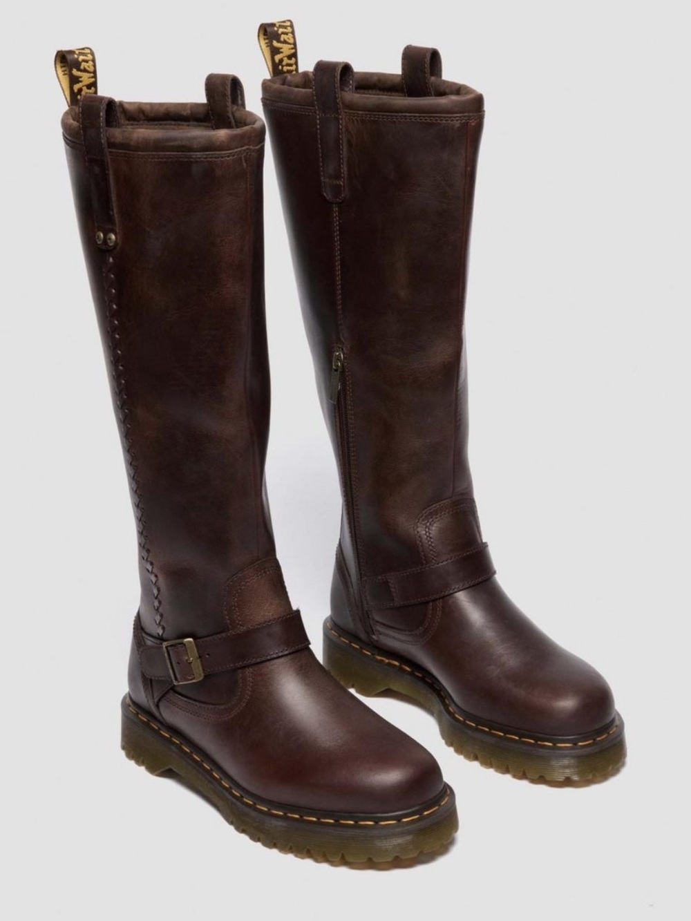 Dr. Martens ANISTONE KNEE HIGH LEATHER BIKER BOOTS BROWN UK 6 / US 8 NWOB